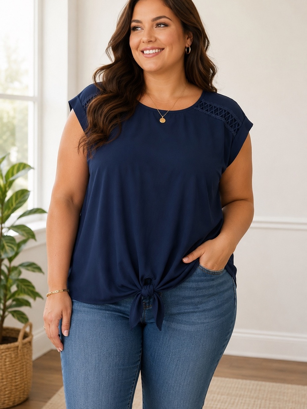 Fortune + Ivy Navy Tabitha Crochet Tie Front Blouse XXL NWT Casual Chic